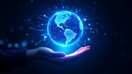 Futuristic glowing digital globe floating above a hand with neural connections, ideal for illustrating global communication, data technology, and business networking concepts