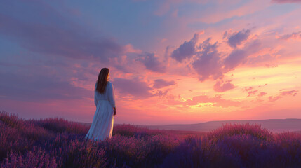 Woman Watching Sunset in Lavender Field Seeking Peace and Serenity

