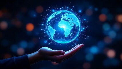 Futuristic glowing digital globe floating above a hand with neural connections, ideal for illustrating global communication, data technology, and business networking concepts