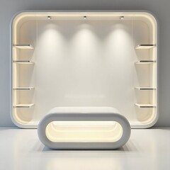 A modern minimalist display room with an arched entrance, sleek floating shelves on both sides, and soft ambient lighting. The clean white interior creates an elegant, futuristic atmosphere.
