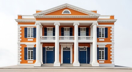 Fototapeta premium Orange colonial architecture building design with columns and blue shutters facade view