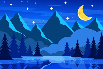 Fototapeta premium Nighttime Mountain Landscape with Moon and Stars Over Calm Lake