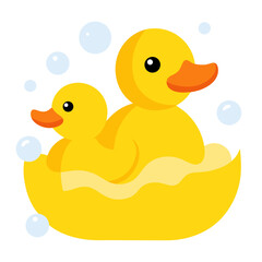 Rubber yellow two duck family in soap foam vector icon on white background.