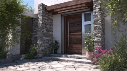Modern home entrance with a wooden door and stone facade, plants, & cobbled walkway