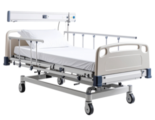  Hospital Bed with Adjustable Rails and Mattress, Front View, Transparent Background