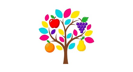 Illustration of a colorful fruit tree with apple orange grapes and pear for kids design