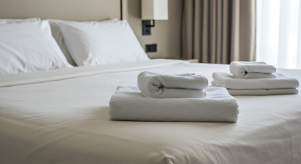 Freshly Folded White Towels Placed on Bed in Bright Hotel Room Interior
