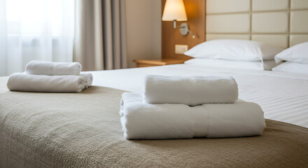 Fototapeta premium Freshly Folded White Towels Placed on Bed in Bright Hotel Room Interior