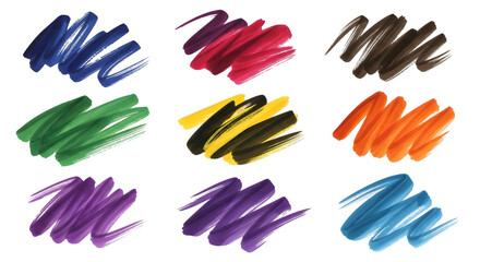 Obraz premium Nine vibrant marker strokes in blue red brown green yellow orange and purple hues.