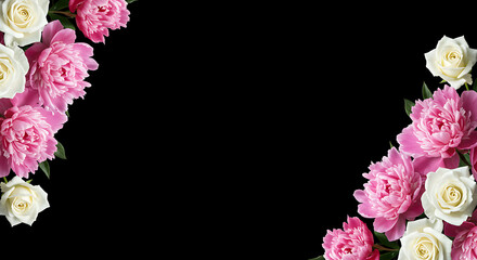 Elegant Floral Banner with Vintage Pink Peonies and White Roses on Black Background – Flower Header or Cover Design