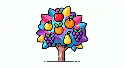 Fruit tree illustration vector graphic colorful apple orange pear grapes design art clip