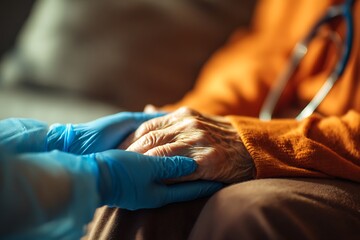 Fototapeta premium Compassionate Doctor Holding Elderly Patient's Hand in Comforting Gesture, Providing Medical Care and Support During a Checkup