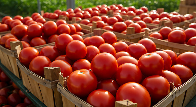 Fresh ripe tomatoes with green stems on rustic wooden table, vibrant red vegetables perfect for cooking, salads, or healthy lifestyle themes - Powered by Adobe
