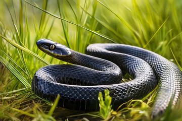 Eine schwarze Schlange im Gras