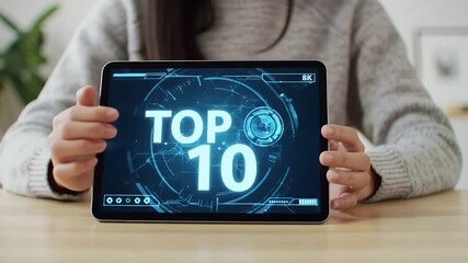 Hands Holding Digital Tablet Displaying Top Ten List on Blue Holographic Interface with Modern Geometric Design in Clean Light Background