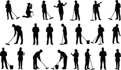 Silhouette collection of male and female janitors working with mop, bucket, spray bottle, and cleaning tools in multiple poses, illustration