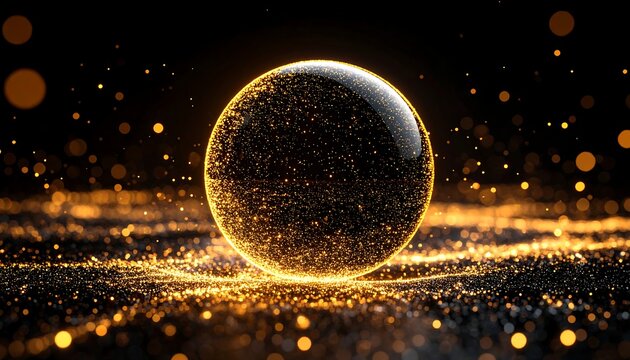 Golden sphere resting on a glittering surface