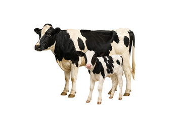 Holstein Friesian dairy cow standing next to her calf on white background. Symbol of maternal care and sustainable livestock farming. Ideal for concepts related to dairy industry, organic farming