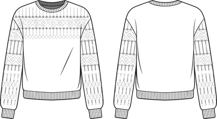 Front and back view of winter sweater, fair isle pattern, long sleeves, ribbed hem, knit fashion flat sketch, cozy design