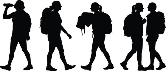 Silhouette illustration of young female hikers walking, talking, and drinking water with backpacks, adventure outdoor activity design in black vector