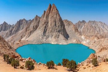 Turquoise alpine lake nestled amongst dramatic peaks