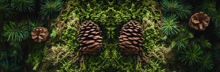 Pine cones nestled in a bed of moss and greenery