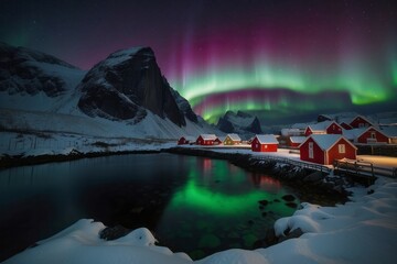Aurora borealis over Hamnoy in Norway