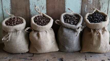 Fototapeta premium Burlap sacks filled with assorted coffee beans.
