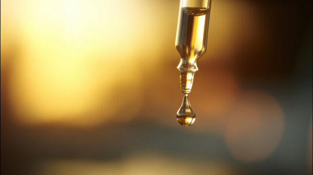 Close up of glass pipette with glistening liquid droplet ready to fall, creating captivating