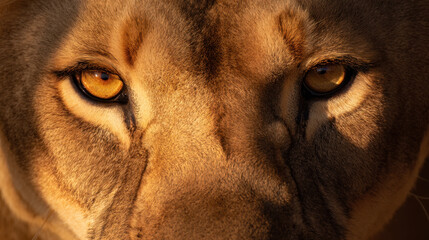 Intense gaze of lioness with detailed fur texture, showcasing powerful beauty and strength