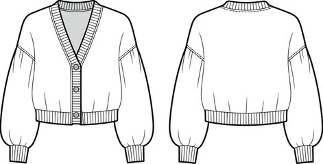 Women&rsquo;s cropped cardigan front and back view, ribbed cuffs and hem, button front, balloon sleeves, cozy knitwear fashion design