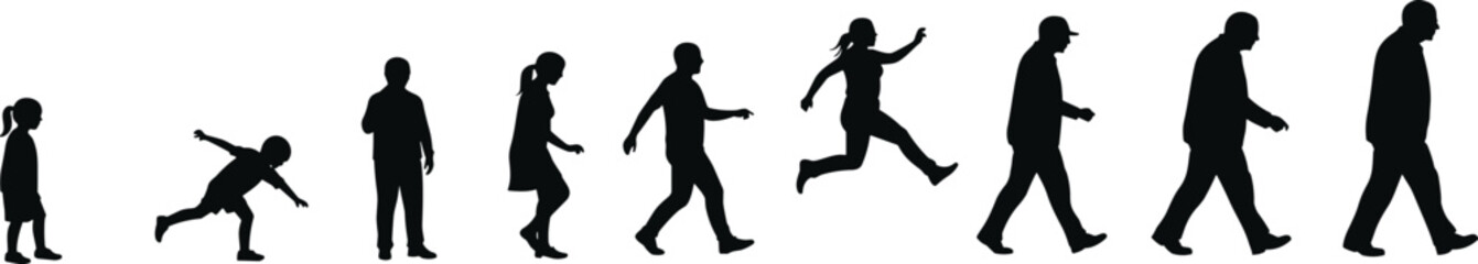 Silhouette of human life stages from childhood to old age, walking and running poses, growth, development, timeline, evolution concept