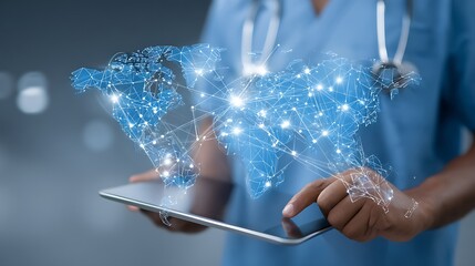 Global Healthcare Network: Doctor Using Tablet with World Map and Medical Icons for Telemedicine and Digital Health