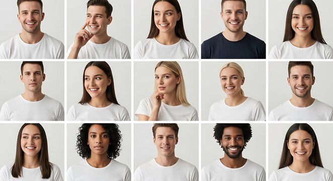 Diverse group of multi-ethnic people wearing blank blue t-shirt mockups. A conceptual image representing community, unity, and team.