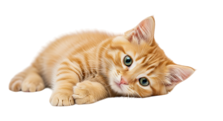 Cute orange tabby kitten posing playfully isolated on transparent background