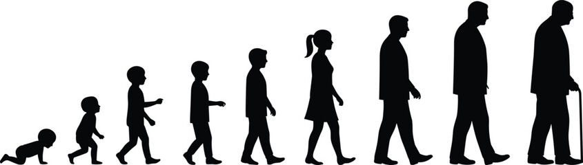 Silhouette of human life stages from crawling baby to elderly person, showing growth, development, aging, childhood, adulthood, evolution