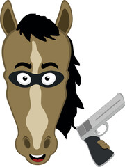 vector illustration character face horse cartoon, with a thief mask and a gun in his hand