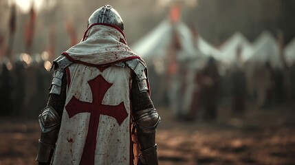 Medieval Knight Templar with Red Cross on Cloak, Battlefield Scene, Warrior Back View