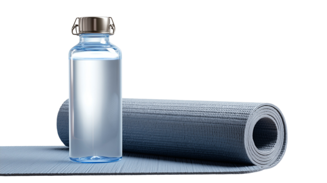 Water bottle and rolled yoga mat on floor