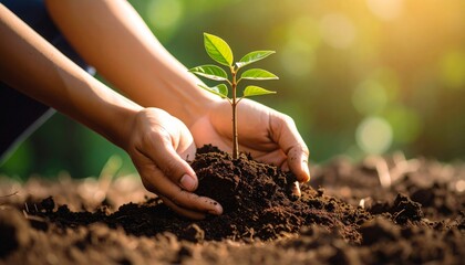 Hands carefully planting a young sapling in rich soil, symbolizing growth and environmental care.