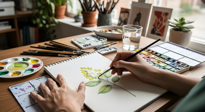 Artist painting watercolor flowers at home studio, creative artwork and hobby