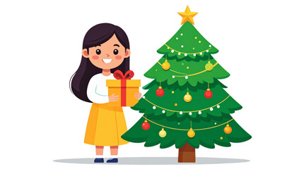 A cheerful girl holding a gift stands beside a decorated Christmas tree.