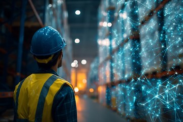 Warehouse worker wearing hard hat and safety vest, looking at digital network overlay, showcasing innovation and technology in logistics and supply chain