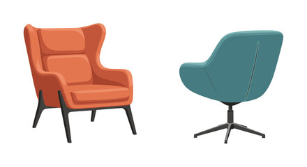 Fototapeta premium Two chairs one orange wingback chair and one teal swivel chair on a white studio background interior design on transparent background