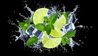 Fresh lime slices, mint leaves, and ice cubes in a vibrant water splash against a black background.