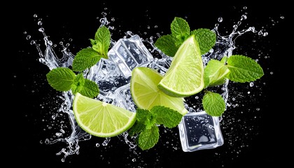 Refreshing lime slices, mint sprigs, and ice cubes amidst water splash.