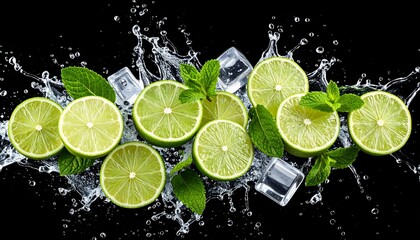 Sliced limes, mint leaves, and ice cubes are arranged with splashing water against a black background.