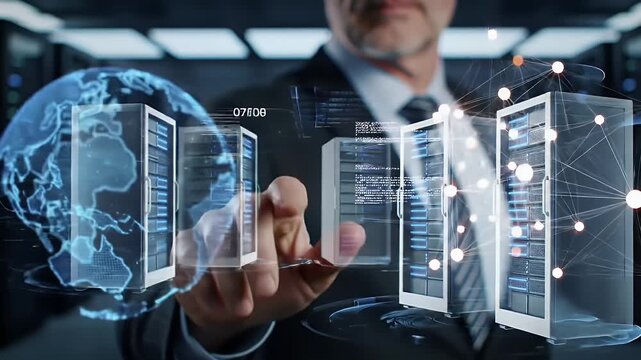 Data Center Specialist Touching Holographic Servers and Glowing Globe wearing Dark Suit in a Dimly Lit Room