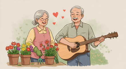 Loving elderly couple gardening and playing guitar, embracing golden years bliss