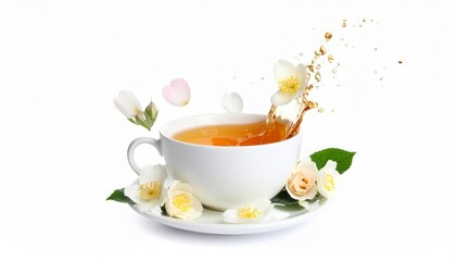 Tea splashing from a white teacup surrounded by jasmine and rose blossoms on a white background.